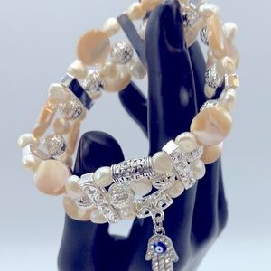 One-of-a-Kind Evil Eye Charm, Shell, Pearl Bead 3 Strand Stretch Bracelet Set